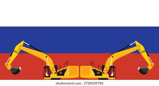 Russian flag and excavator background. Mining and industry