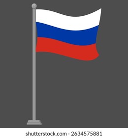 Russian flag flying with a flagpole. Editable and scalable vector illustration eps file, suitable for icons, banners, badges, symbols, and other design needs. Isolated on gray background.