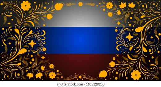 Russian flag with Russian folk pattern. Illustration for background.