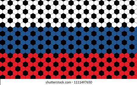 
Russian Flag with Football Soccer Ball Hexagon Design Horizontally Seamless Vector Pattern. Red, Blue, White Hexagonal Print with Black Soccer Ball Pattern Overlay. Pattern Swatch Included.