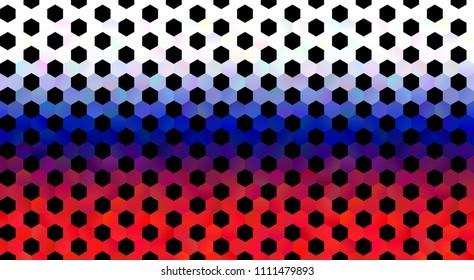 Russian Flag with Football Soccer Hexagon Design Horizontally Seamless Vector Pattern. Red, Blue, White Gradient hexagonal Print with Black Football Ball Pattern Overlay. Pattern Swatch Included.