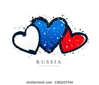 Russian flag in the form of three hearts. Vector illustration on white background. Brush strokes drawn by hand. Independence Day of Russia.