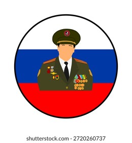 Oficial del ejército general de mariscal de bandera rusa con Ilustración vectorial uniforme aislado. Soldado patriota comandante militar de Rusia. Ropa ceremonial de oficial de pantano. Desfile militar héroe valiente. Guerra patriótica.