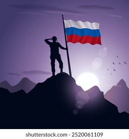 Russian Flag hoisted on a mountain peak with a purplish sunset in the background, vector illustration
