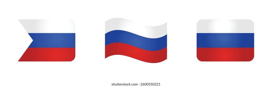 Russian flag icon. Flag of Russia vector sign. Russian national banner. White, blue and red emblem. Minimalistic simple Moscow banner in four different shapes