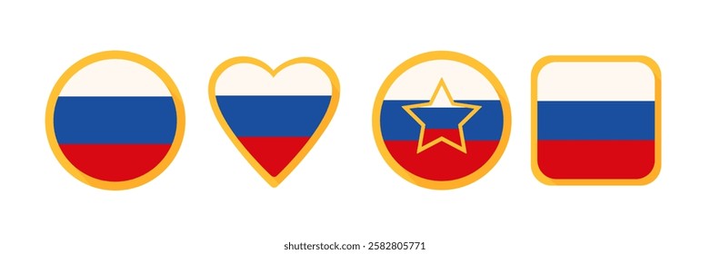 Russian flag icon set of square, circle and heart-shaped. Flat vector illustration isolated on white.