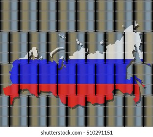 Russian flag map on oil barrels. Commercial oil storage  energy concept.