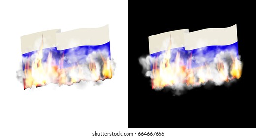 The Russian flag is on fire and smoke. Isolated object on white and black background with preservation of natural transparency.