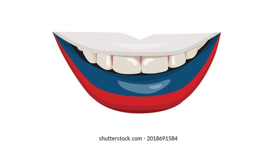 La bandera rusa en los labios. La sonrisa de una mujer con dientes blancos. Ilustración vectorial.