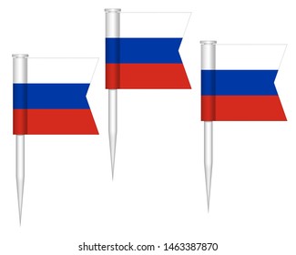 Russian flag push pins, vector illustration. Mini stick small pushpin flags of Russia isolated on white background. svg