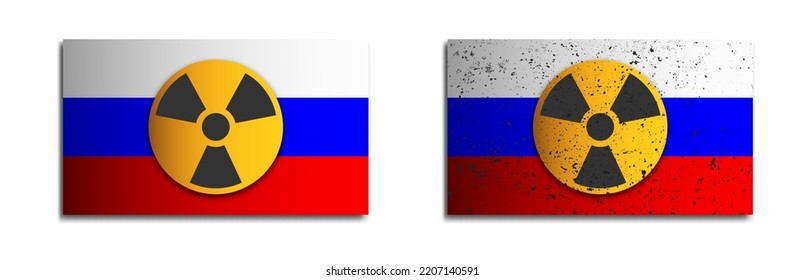 Russian flag with radiation symbol. Radioactive contamination symbol. Nuclear war danger. Flat vector illustration.
