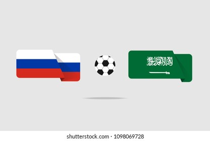 Russian flag and Saudi Arabian flag with a ball in between