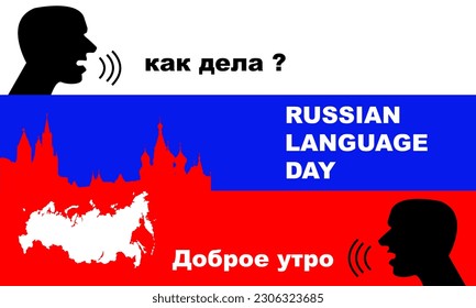 Russian flag and two foreigners learning russian with silhouette building of Kremlin and russian map commemorating UN Russian Language Day on June 6