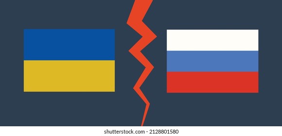 Russische Flagge gegen ukrainische Flagge, Kriegskonzept und militärische Konflikte in der Ukraine und Europa

