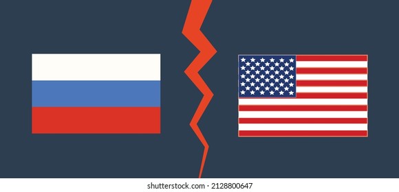 Russian Flag Versus United States Of America Flag, Concept Of War And Military Conflict In Ukraine And Europe
