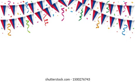 Russian flags garland white background with confetti, Hang bunting for Russia Day celebration template banner, Vector illustration