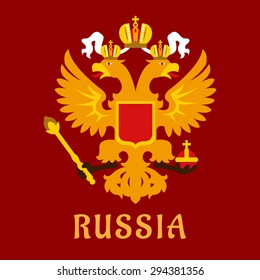 Russian flat doubleheaded imperial eagle in gold over a red background