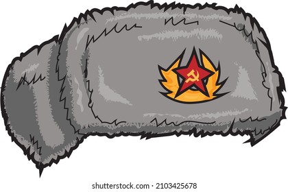 Russian fluffy hat with hammer and sickle symbol