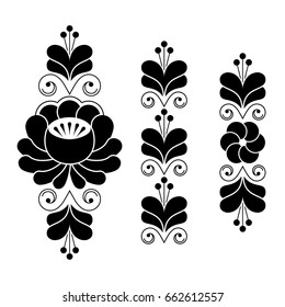 Russian folk art pattern - floral long stripes in black and white