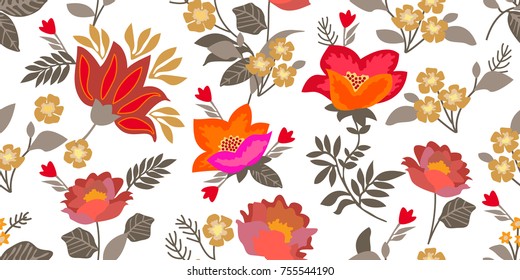 Russian folk art style border. Seamless floral pattern with blooming roses, poppies and grey leaves. Botanical print on white background. Vintage textile collection.