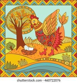 Russian folk background with hen and nest painted by hand. Coloring for kids and adults.  Illustration can be use to design everyday objects, in web design and to implement other creative ideas