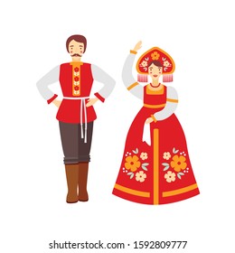 Russian folk costume flat vector illustration. Man and woman wearing traditional clothes cartoon characters. Girl in red sarafan and national headwear, kokoshnik. Folk dance group artists.