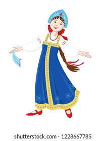 Russian folk dancer - a girl in russian national costume is smiling and dancing