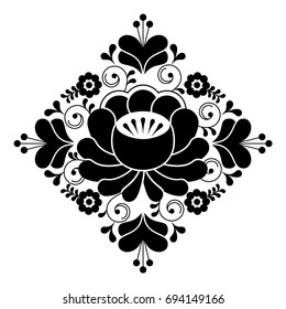 Russian folk design - floral pattern, black and white square composition