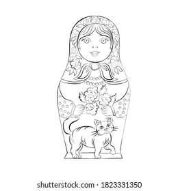 Russian folk doll, matryoshka doll in a scarf isolated on a white background. Vector black and white image, for background, design, illustration, coloring.