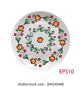 Russian folk elements. Decorative vignette with floral elements in Russian traditional style. Vector. Realistic plate.
