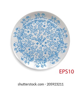 Russian folk elements. Decorative vignette with floral elements in Russian traditional style. Vector. Realistic plate.