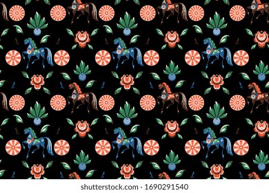 Russian folk floral dark seamless pattern with blue and brown horses and flowers