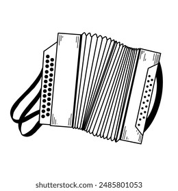 Russian folk instrument. An accordion with buttons and a belt, drawn in vector in black on a white background. Suitable for printing on posters, invitations, cards, for design.