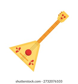Russian folk instrument balalaika. Triangular wooden traditional musical instrument with three strings. Vector cartoon illustration on a white background. 