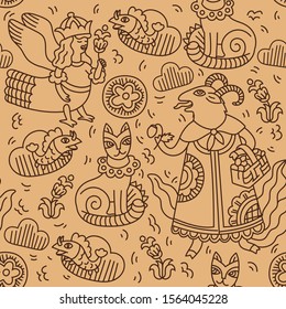 Russian folk medieval lubok pattern. Vector linear stock graphics with the image of a goat in a sundress, siren bird, cat, fish and flowers. Seamless repeating pattern on print wallpaper and fabric
