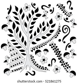 Russian folk pattern with natural motifs. Tree with leaves. Birds and flowers are intertwined. Freehand sketch. Black-white illustration.