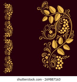 Russian folk pattern. Vignette. Frame. Natural ornament. Gold on a dark background.