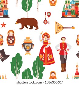 Russian folk seamless pattern vector illustration. Birch tree, Moscow Kremlin, nesting doll, samovar and balalaika texture. Russian colorful traditional clothing, bear and felt boots.