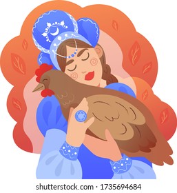 Russian folk tale, girl in a kokoshnik with a pockmarked chicken. A girl in a national costume and a kokoshnik hugs a chicken. A tale of a golden egg.