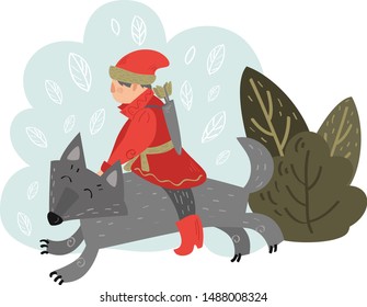 Russian folk tales. A man in a national red suit rides a wolf on a background of a bush with leaves and strokes. Vector illustration of fairy tales
