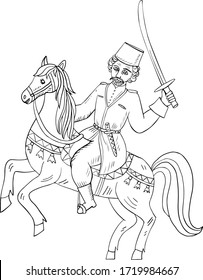 Russian folk vector background with a man on horseback. Illustration made in the old Russian style. It can be used for prints, cards, fabric, wrapping paper, souvenirs, posters, notebooks.
