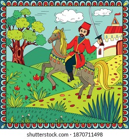 Russian folk vector background with a man on horseback. Illustration made in the old Russian style. It can be used for prints, cards, fabric, wrapping paper, souvenirs, posters, notebooks.