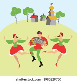 Russian folklore dancers. Harmonica musician.