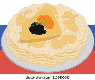 Russian food. Pancakes with black and red caviar. Vector illustration