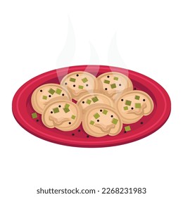 Russian food. Pelmeni. Dumplings. Dough with meat or fish filling. With chopped green onions.