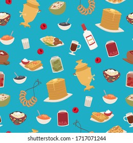 Russian food seamless pattern with thin pancakes, red caviar, vodka and samovar, meat dumplings cartoon vector illustration. Food Russia menu and russian cuisine blue background.