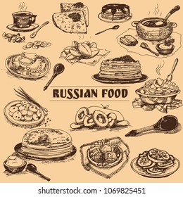 Russian food traditional cuisine, hand drawing set