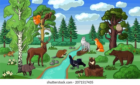 russian forest with animals vector image