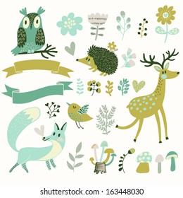 Russian forest set in vector. Deer, hedgehog, owl, bird and fox in cartoon style. Ribbons with place for your text.