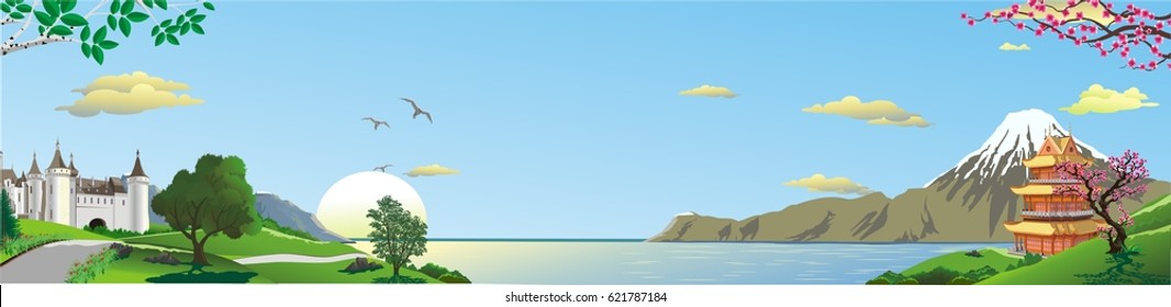 A Russian fortress and a Japanese pagoda. Mountains on the coast. The cherry blossoms. Sea Strait. Panorama. Landscape. Vector illustration